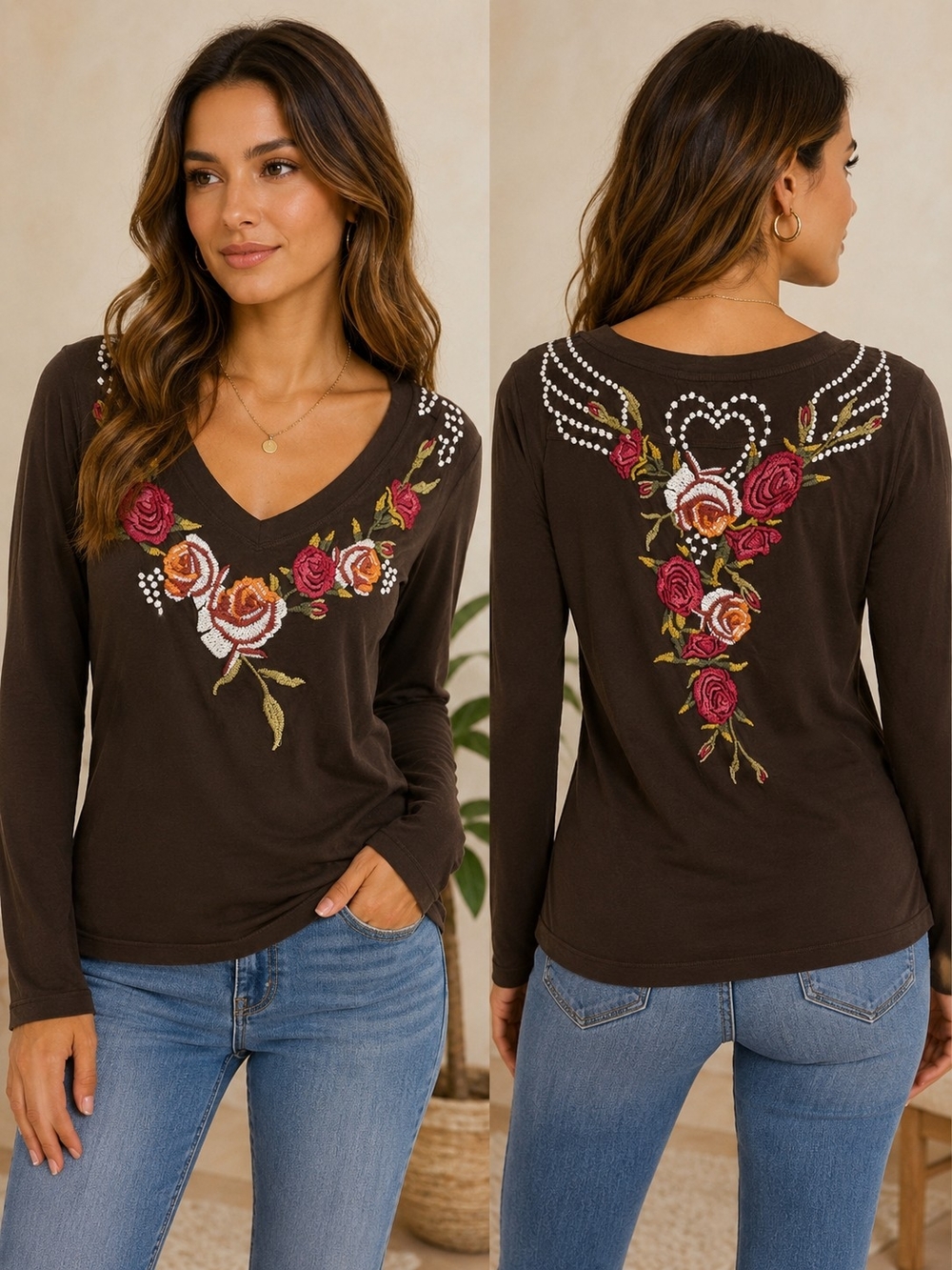 Johnny Was JWLA V-Neck Long-Sleeved Embroidered Cotton Tee: Brown/Floral